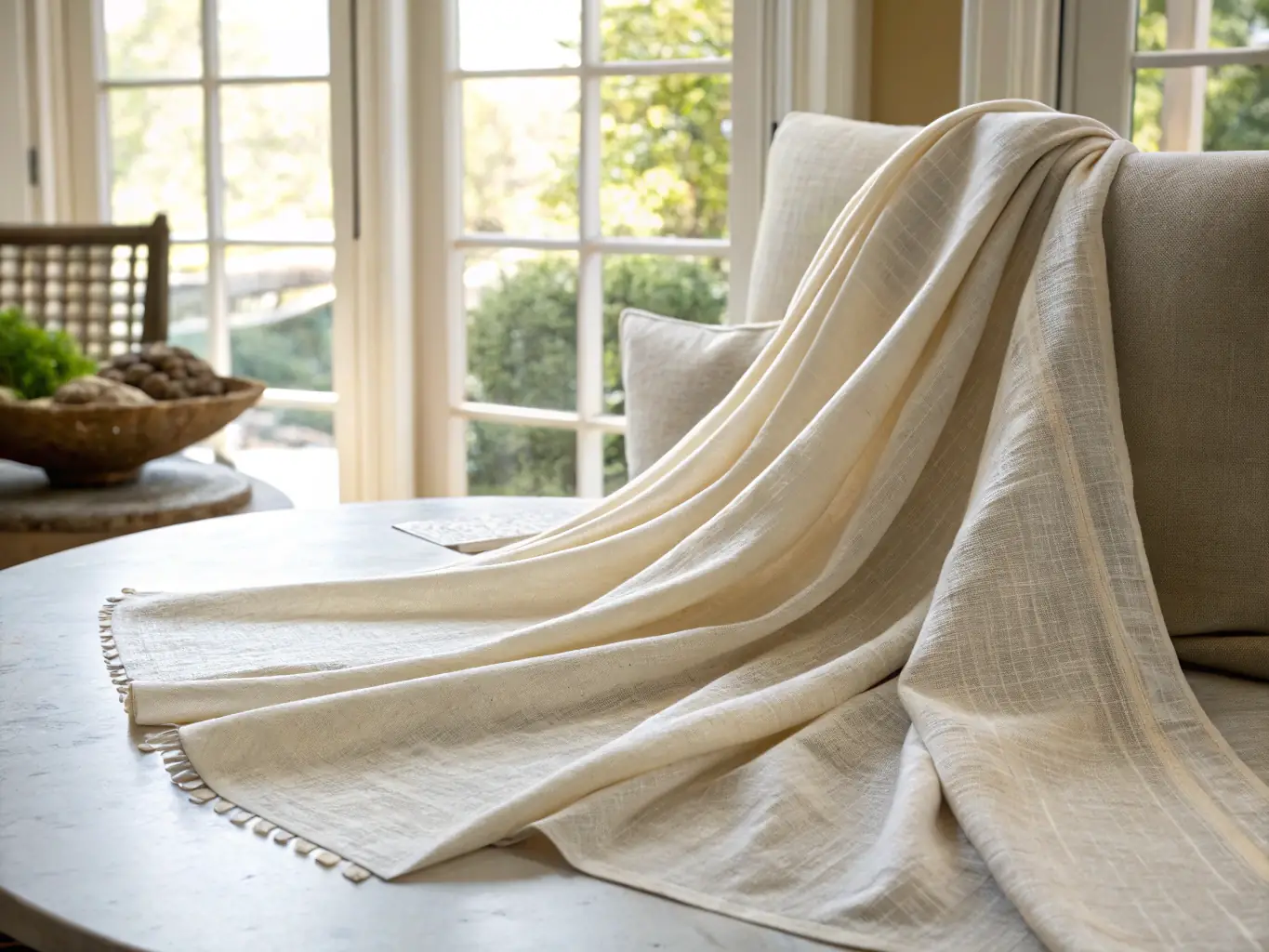 Detailed image of a roll of fine linen fabric, highlighting its natural texture and lightweight feel. The image conveys the fabric's breathability and elegance, emphasizing its suitability for warm-weather clothing.